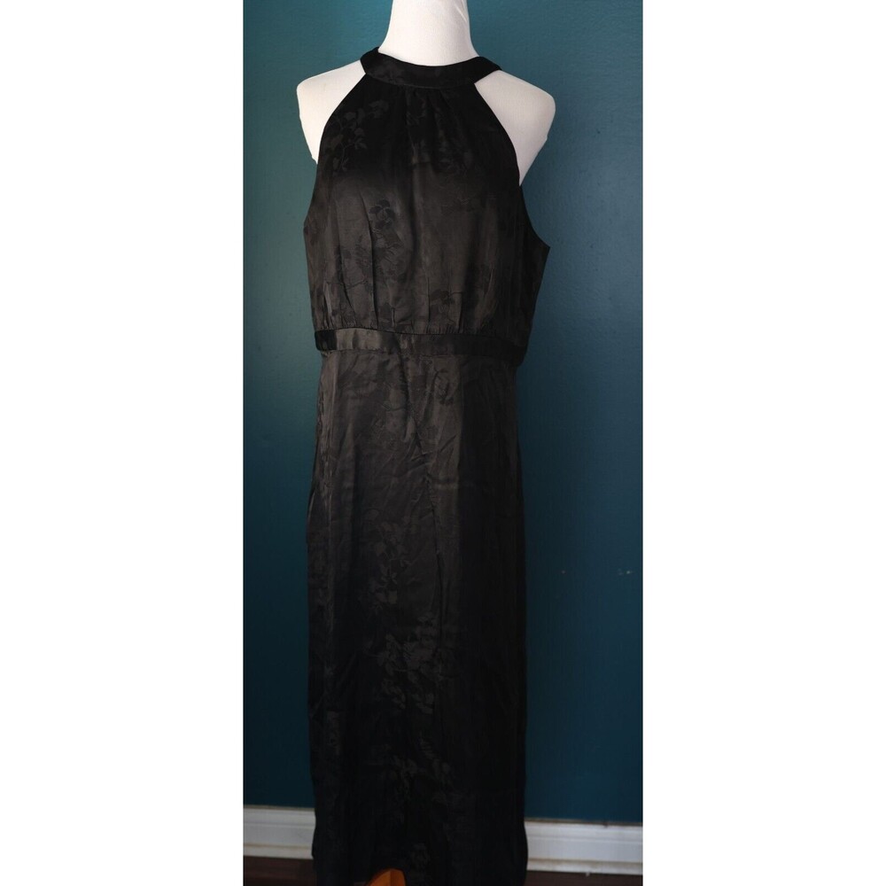 NWT Loft Maxi Dress Black Satin Floral Sleeveless Halter Whimsigoth Romantic 14
